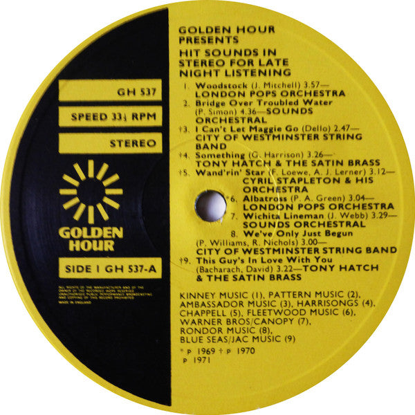 Various : Golden Hour Presents Hit Sounds In Stereo For Late Night Listening (LP, Album, Comp, Emb)