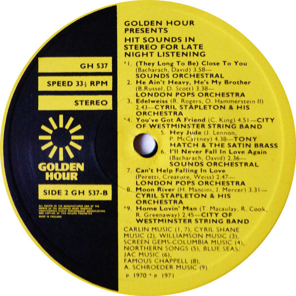 Various : Golden Hour Presents Hit Sounds In Stereo For Late Night Listening (LP, Album, Comp, Emb)