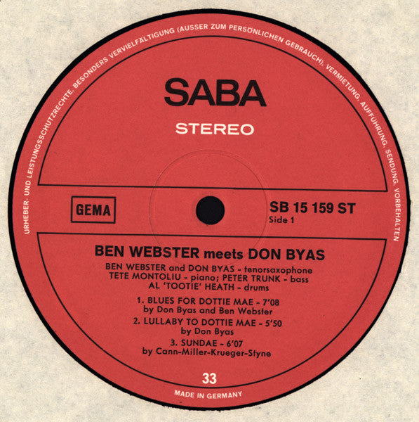 Ben Webster Meets Don Byas : Ben Webster Meets Don Byas (LP, Album, Gat)