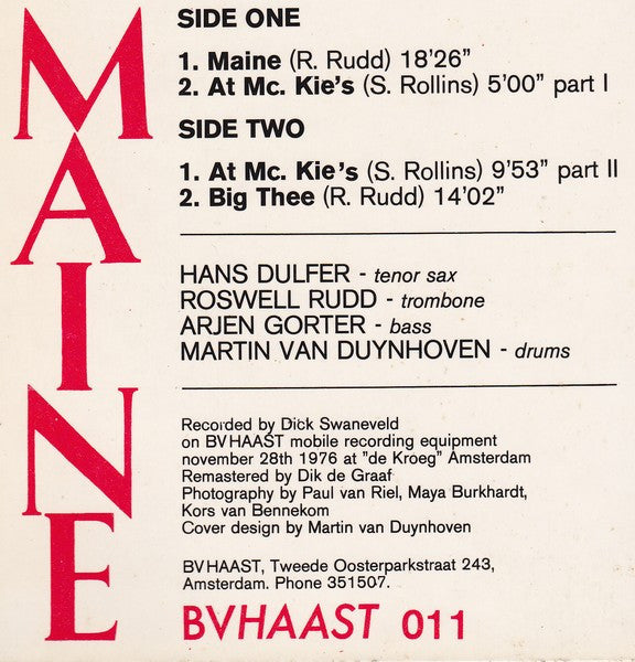 Hans Dulfer / Roswell Rudd / Arjen Gorter / Martin van Duynhoven - Maine (LP Tweedehands) - Discords.nl