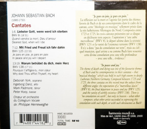 Johann Sebastian Bach - Deborah York, Ingeborg Danz, Mark Padmore, Peter Kooij, Collegium Vocale, Philippe Herreweghe - "Mit Fried Und Freud"  Cantates BWV 8, 125, 138 (CD Tweedehands) - Discords.nl