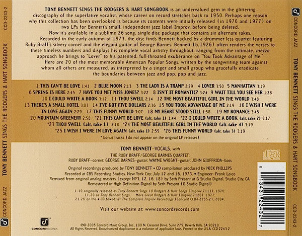 Tony Bennett : Tony Bennett Sings The Rodgers & Hart Songbook (CD, Comp, RE, RM)