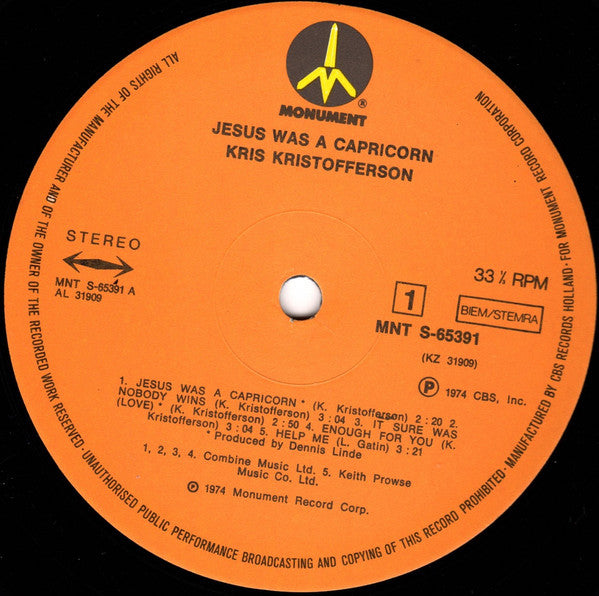 Kris Kristofferson : Jesus Was A Capricorn (LP, Album, RE)