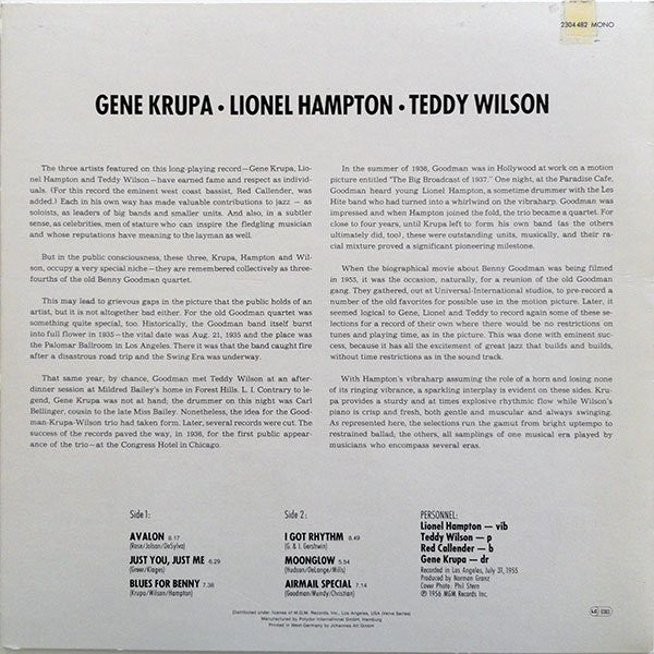 Gene Krupa, Lionel Hampton, Teddy Wilson : Gene Krupa - Lionel Hampton - Teddy Wilson (LP, Album, Mono, RE)