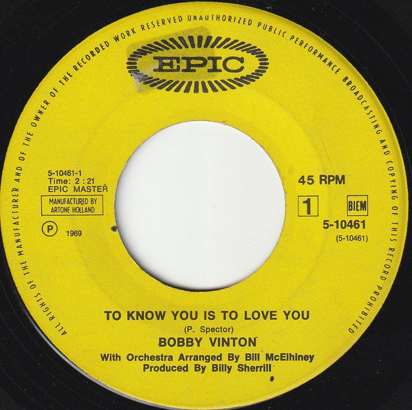 Bobby Vinton : To Know You Is To Love You / The Beat Of My Heart (7", Single)