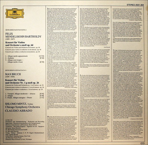 Felix Mendelssohn-Bartholdy / Max Bruch, Shlomo Mintz, The Chicago Symphony Orchestra • Claudio Abbado : Violinkonzerte = Violin Concertos (LP, Album)