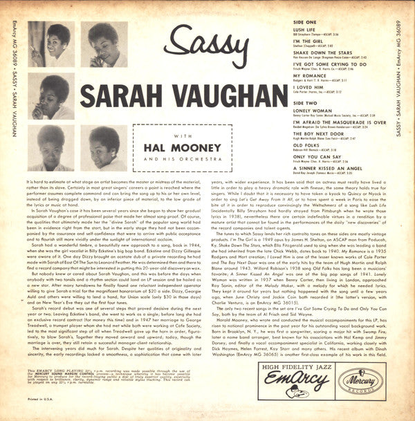 Sarah Vaughan : Sassy (LP, Album, Mono)