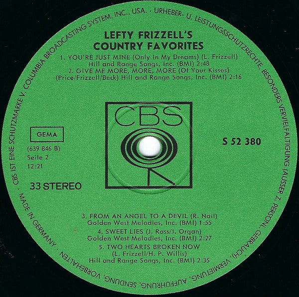 Lefty Frizzell : Lefty Frizzell's Country Favorites (LP, Comp, RE)
