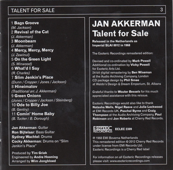 Jan Akkerman : Talent For Sale (CD, Album, RE, RM)