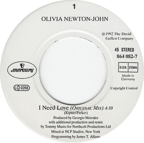 Olivia Newton-John : I Need Love (7")