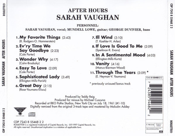 Sarah Vaughan : After Hours (CD, Album, RE)