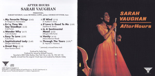 Sarah Vaughan : After Hours (CD, Album, RE)