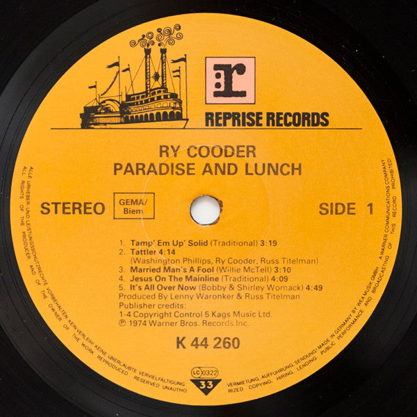 Ry Cooder : Paradise And Lunch (LP, Album, RE, Gre)