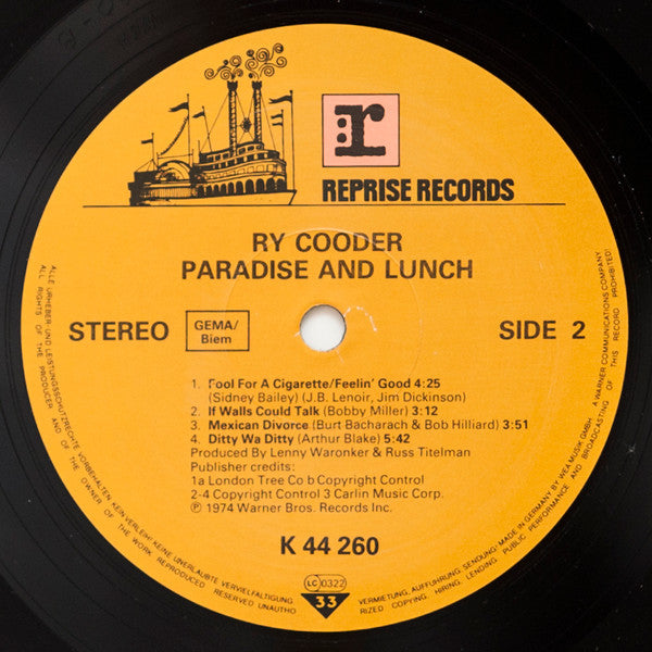 Ry Cooder : Paradise And Lunch (LP, Album, RE, Gre)