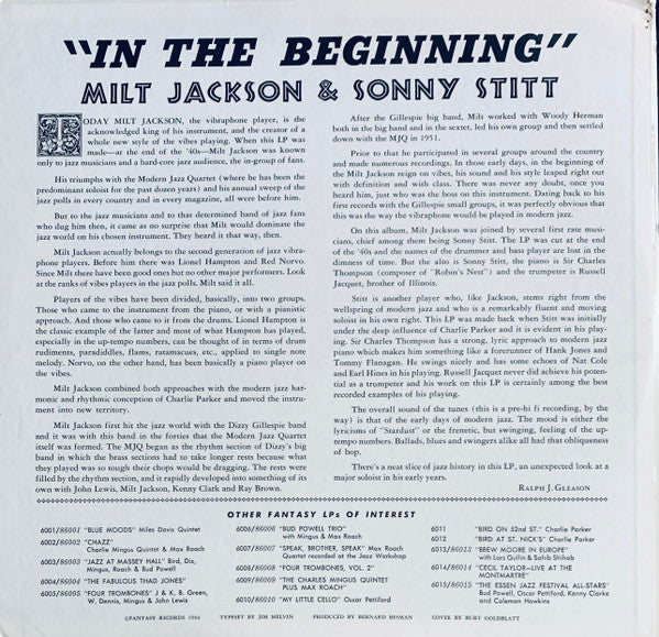 Milt Jackson & Sonny Stitt : In The Beginning (LP, Album, Mono)