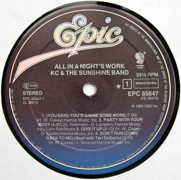 KC & The Sunshine Band : All In A Night's Work (LP, Album)