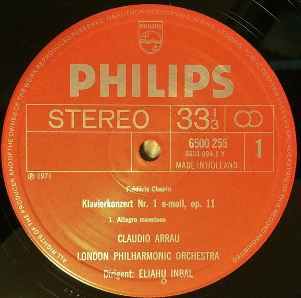 Frédéric Chopin, Claudio Arrau : Piano Concerto No. 1 In E Minor, Op. 11 (LP, Album)
