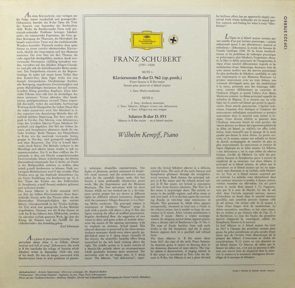Franz Schubert ▪ Wilhelm Kempff : Sonate B-dur D.960 / Scherzo B-dur D. 593 (LP, Album)