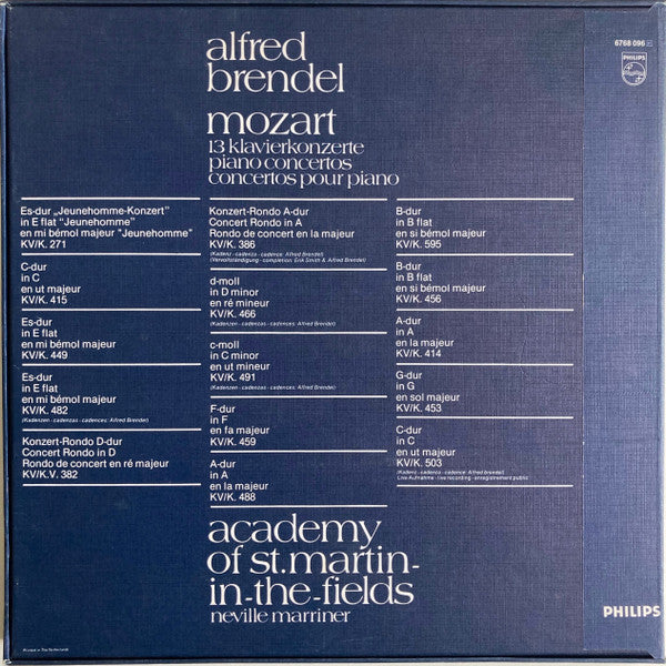 Alfred Brendel, Wolfgang Amadeus Mozart, The Academy Of St. Martin-in-the-Fields, Sir Neville Marriner : 13  Klavierkonzerte = Piano Concertos = Concertos Pour Piano (8xLP + Box, Comp)