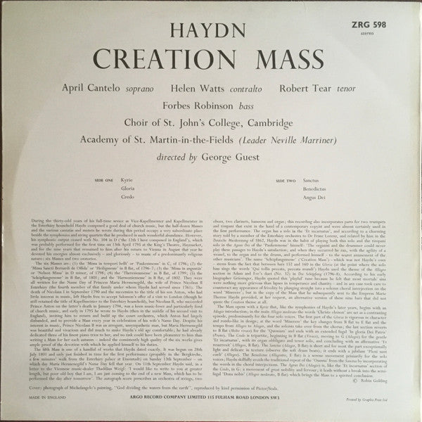 Joseph Haydn - April Cantelo, Helen Watts, Robert Tear, Forbes Robinson, The Academy Of St. Martin-in-the-Fields, St. John's College Choir, George Guest (2) : Creation Mass (LP)