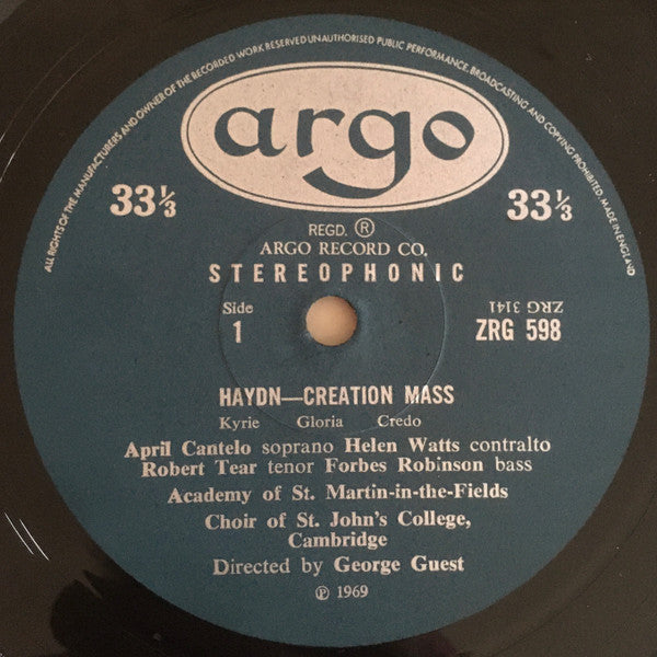 Joseph Haydn - April Cantelo, Helen Watts, Robert Tear, Forbes Robinson, The Academy Of St. Martin-in-the-Fields, St. John's College Choir, George Guest (2) : Creation Mass (LP)