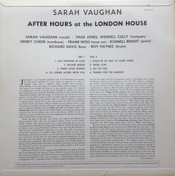 Sarah Vaughan : After Hours At The London House (LP, Album, RE)