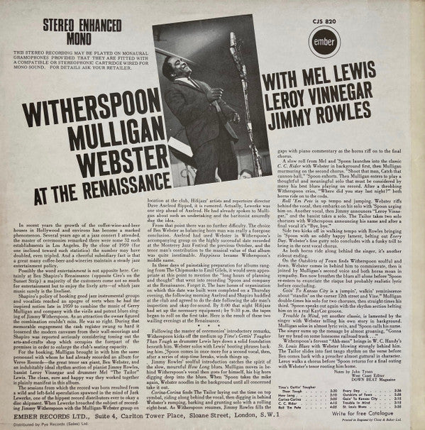 Jimmy Witherspoon With Gerry Mulligan And Ben Webster With Mel Lewis, Leroy Vinnegar, Jimmy Rowles : At The Renaissance (Sings The Blues) (LP, Album, RE, Enh)