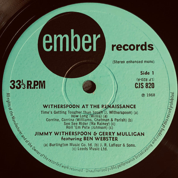 Jimmy Witherspoon With Gerry Mulligan And Ben Webster With Mel Lewis, Leroy Vinnegar, Jimmy Rowles : At The Renaissance (Sings The Blues) (LP, Album, RE, Enh)