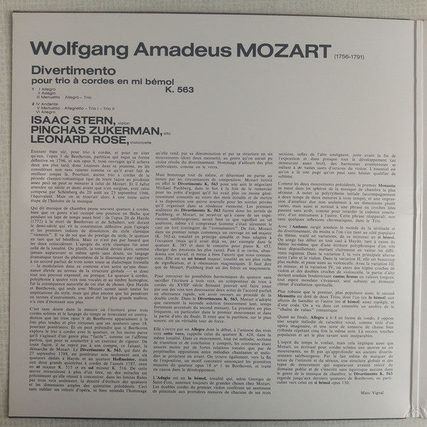 Wolfgang Amadeus Mozart, Isaac Stern, Pinchas Zukerman, Leonard Rose : Divertimento For String Trio In E-Flat, K. 563 (LP, Album, Gat)
