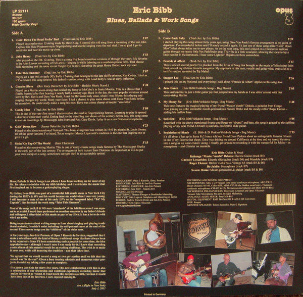 Eric Bibb : Blues, Ballads & Work Songs (LP, Album)