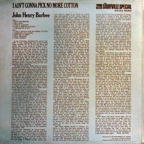 John Henry Barbee : I Ain't Gonna Pick No More Cotton (LP, Album, Mono)