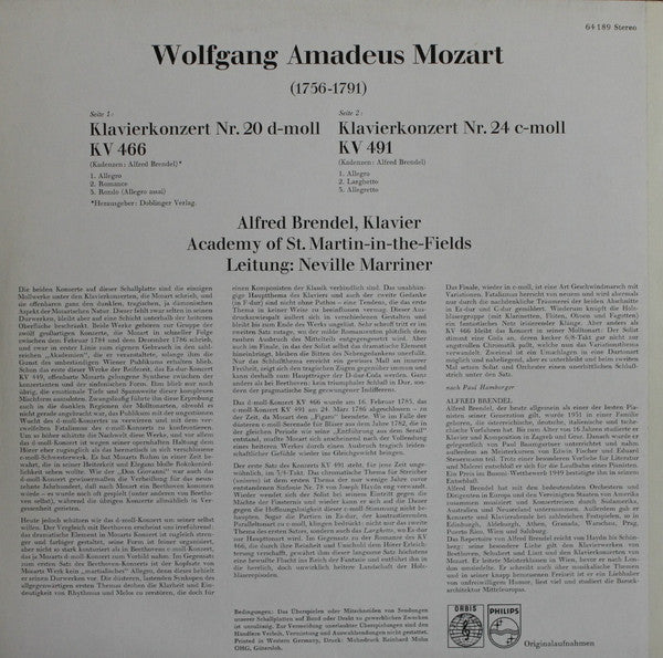 Wolfgang Amadeus Mozart - Alfred Brendel / The Academy Of St. Martin-in-the-Fields / Sir Neville Marriner : Klavierkonzerte KV 466 Und KV 491 (LP, Album, Club, RE)