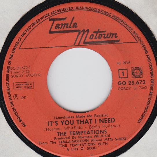 The Temptations : It's You That I Need (7", Single)