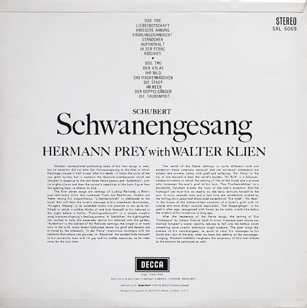 Hermann Prey, Walter Klien, Franz Schubert : Schwanengesang (LP)