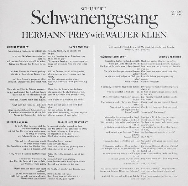 Hermann Prey, Walter Klien, Franz Schubert : Schwanengesang (LP)