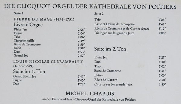 Pierre Du Mage, Louis-Nicolas Clérambault, Michel Chapuis : Clicquot-Orgel Der Kathedrale Von Poitiers (LP, RE)