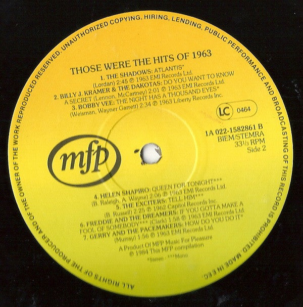 Various : Those Were The Hits Of 1963 (LP, Comp)