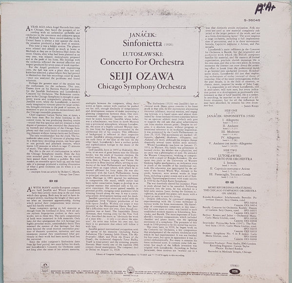 Leoš Janáček / Witold Lutoslawski, Seiji Ozawa - The Chicago Symphony Orchestra : Sinfonietta / Concerto For Orchestra (LP, Album)