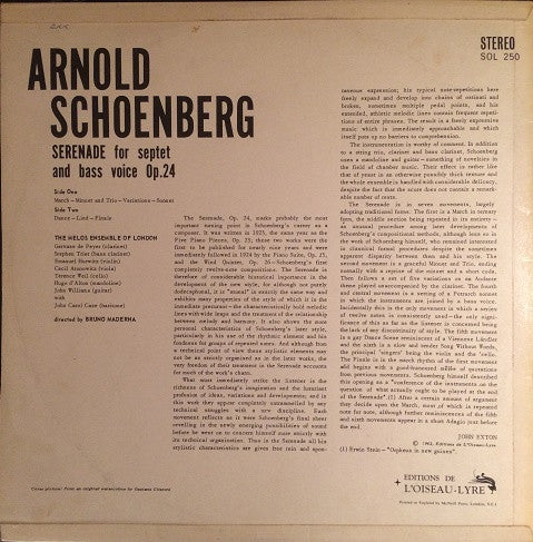 Arnold Schoenberg / Melos Ensemble Of London Conducted By Bruno Maderna : Serenade For Septet And Bass Voice (LP)
