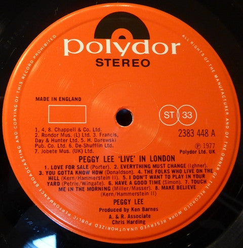 Peggy Lee : Live In London (LP, Album)