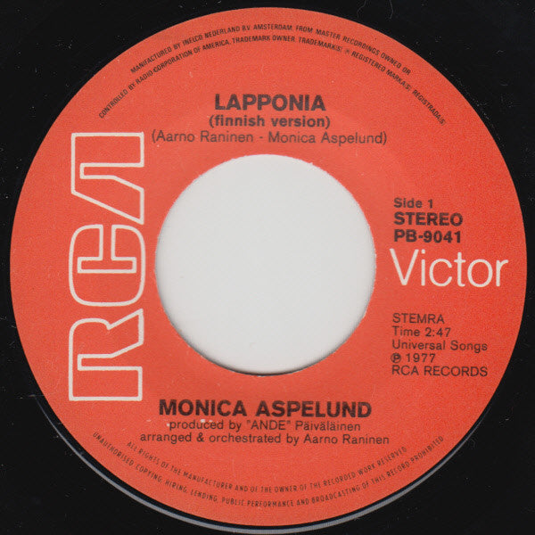 Monica Aspelund : Lapponia (Finnish Version) (7", Single)