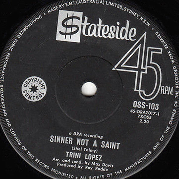 Trini Lopez : Sinner Not A Saint / Where Can My Baby Be (7", Single)