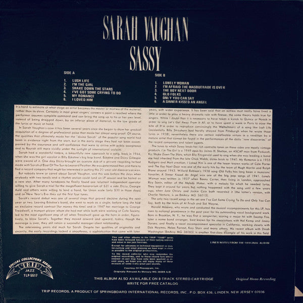 Sarah Vaughan : Sassy (LP, Album, Mono, RE)