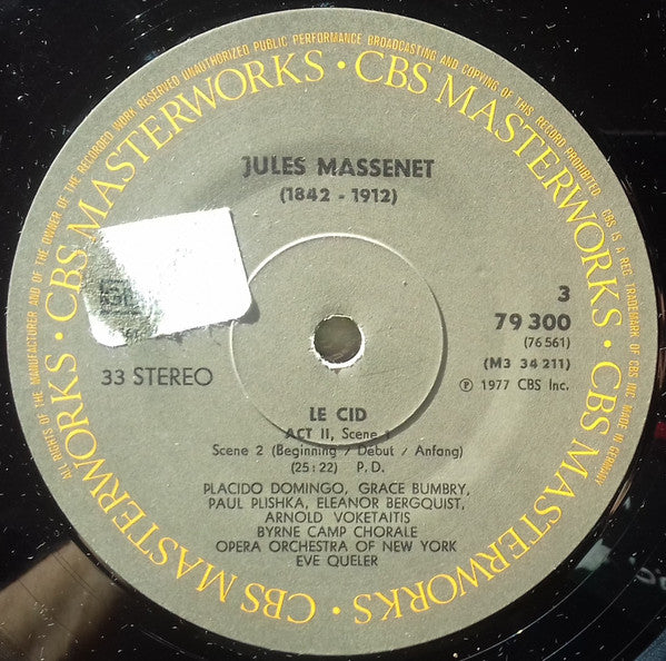 Jules Massenet - Placido Domingo, Grace Bumbry, Paul Plishka, The Opera Orchestra Of New York, Eve Queler :  Le Cid (3xLP, Album + Box, Album)