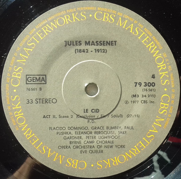 Jules Massenet - Placido Domingo, Grace Bumbry, Paul Plishka, The Opera Orchestra Of New York, Eve Queler :  Le Cid (3xLP, Album + Box, Album)