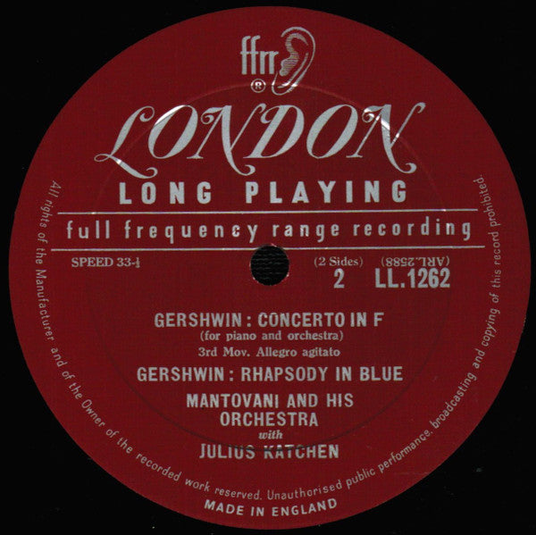 George Gershwin : Mantovani And His Orchestra Piano Julius Katchen : Rhapsody In Blue And Concerto In F (LP, Mono, RE)