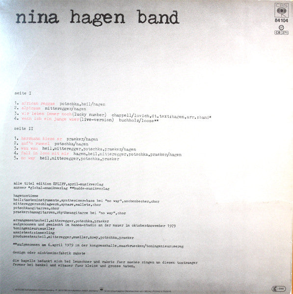 Nina Hagen Band : Unbehagen (LP, Album)