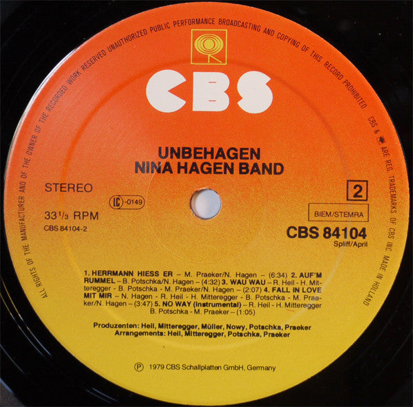 Nina Hagen Band : Unbehagen (LP, Album)