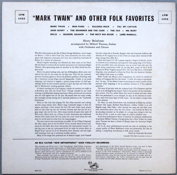 Harry Belafonte : "Mark Twain" And Other Folk Favorites (LP, Album, Ind)
