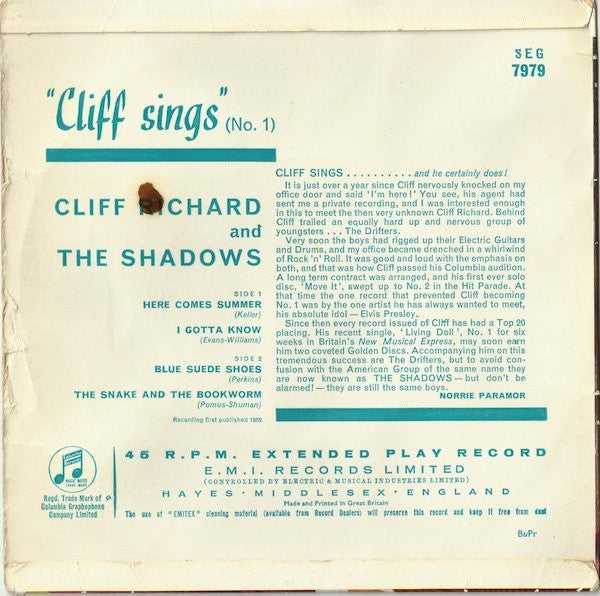 Cliff Richard & The Shadows : Cliff Sings No.1 (7", EP, Mono)